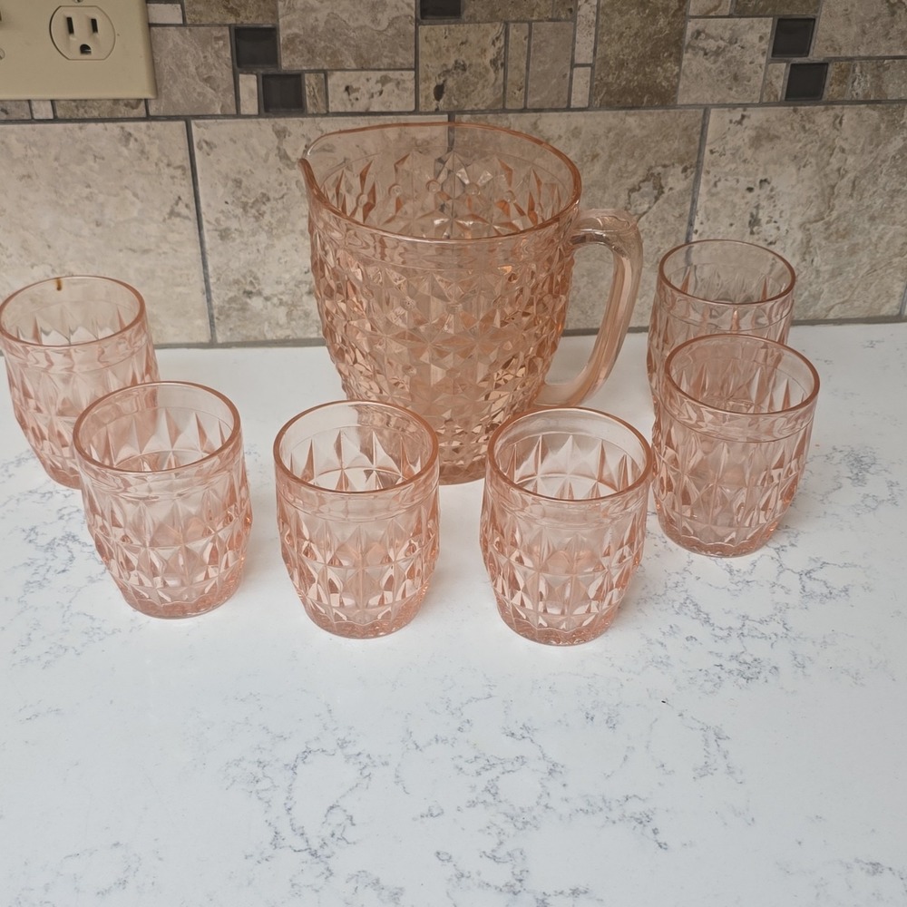Jeannette "Windsor" Pink Depression Glass Pitcher Glasses Set 6 glasses